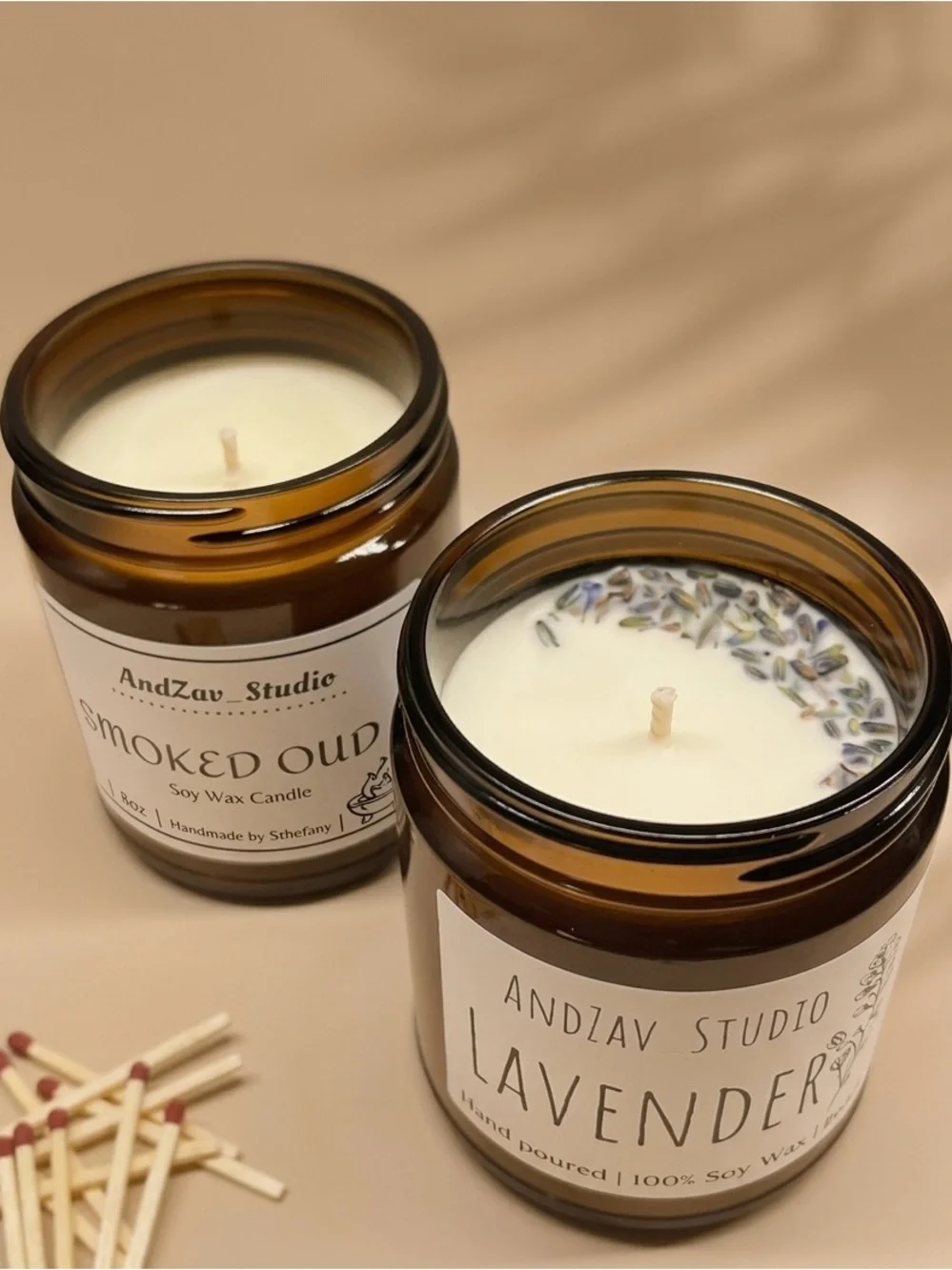 Pack of 2 Handmade Candles, Lavender Soy Wax & Smoked Oud Soy Wax - Amber Jar.